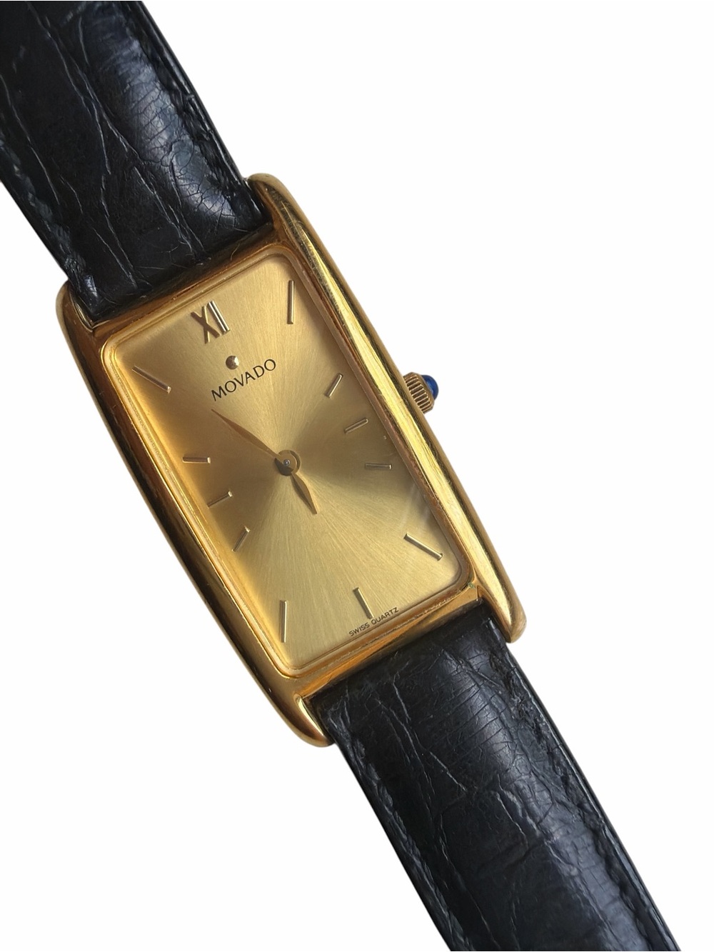 Vintage Movado 18k Gold Plated Tank Watch Black Leather Strap Sapphire Crown